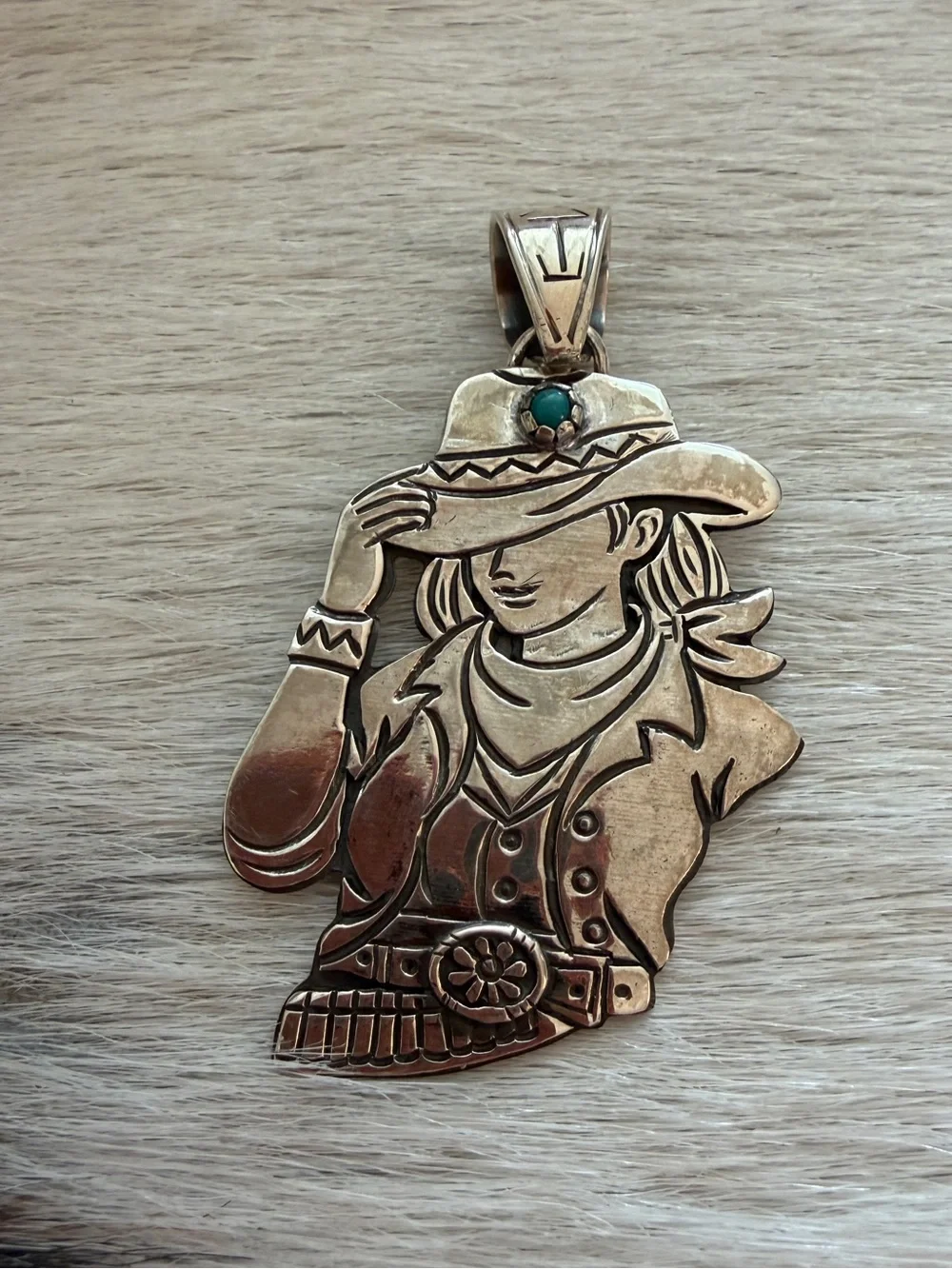 ❤️ Hand Stamped Sterling 925 Cowgirl Pendant w Turquoise Accent Decorative Bail